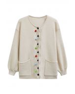 Colorful Pom-Pom Wavy Buttoned Patch Pocket Knit Cardigan in Oatmeal