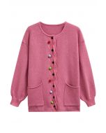 Colorful Pom-Pom Wavy Buttoned Patch Pocket Knit Cardigan in Pink