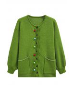 Colorful Pom-Pom Wavy Buttoned Patch Pocket Knit Cardigan in Green