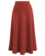 Solid Color A-Line Knit Midi Skirt in Red