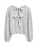 Bowknot Back Puff Sleeve Knit Sweater in Grey