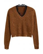 Soft Contrast Lace Neckline Ripped Knit Top in Caramel