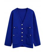 Impressive Patch Pocket Button Down Knit Cardigan in Royal Blue