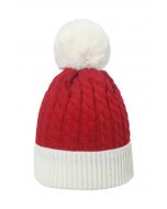 Fuzzy Pom-Pom Braid Knit Beanie Hat in Red