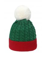 Fuzzy Pom-Pom Braid Knit Beanie Hat in Green