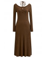 Self-Tie Halter Off-Shoulder Ribbed Knit Midi Dress in Caramel