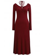 Self-Tie Halter Off-Shoulder Ribbed Knit Midi Dress in Red