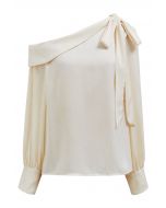 One-Shoulder Bowknot Flap Satin Top in Cream