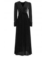 Glistening Twisted Front Pleated Maxi Dress in Black