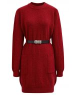 Patch Pocket Belted Mini Sweater Dress in Red