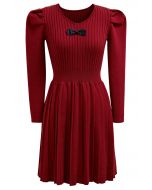 Delicate Bow Puff Sleeve Pleated Knit Mini Dress in Red