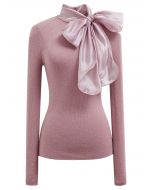 Organza Bowknot Neckline Knit Top in Dusty Pink