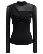 Twist Front Double-Layered Mesh Mock Neck Top in Black