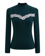 Tender Touch Crochet Trim Mock Neck Top in Dark Green