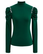 Rhinestone Decor Ruched Shoulder Mock Neck Top in Green