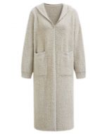 Fluffy Open Front Hooded Longline Knit Cardigan in Camel