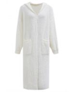 Fluffy Open Front Hooded Longline Knit Cardigan in White