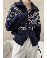 Double-Zip Fair Isle Jacquard Knit Cardigan in Navy