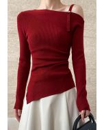 One-Shoulder Ruched Asymmetric Hem Knit Top in Red