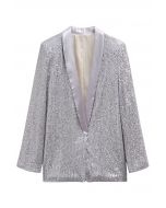 Dazzling Sequin Open Front Shawl Blazer in Silver