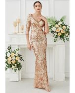 Baroque Sequin V-Neck Mesh Mermaid Gown in Gold