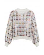 Color-Accented Grid Knit Sweater in White