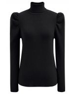 Turtleneck Gigot Sleeve Knit Top in Black