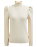 Turtleneck Gigot Sleeve Knit Top in Cream