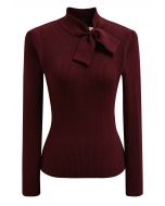 Heart Button Bowknot Ribbed Knit Top in Burgundy