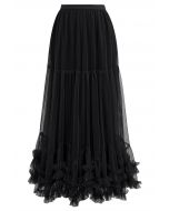 Ruffle Hem Double-Layered Mesh Maxi Skirt in Black