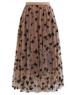 Waltzing Butterfly Mesh Tulle Midi Skirt in Caramel