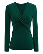 Crisscross V-Neck Fitted Top in Dark Green