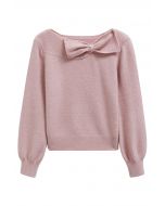 Bowknot-Trimmed Boat Neck Knit Sweater in Pink