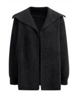 Collared Open Front Fluffy Knit Cardigan in Black