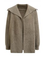 Collared Open Front Fluffy Knit Cardigan in Khaki