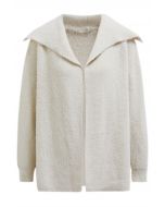 Collared Open Front Fluffy Knit Cardigan in Ivory