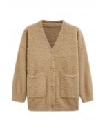 Patch Pocket Button Down Fluffy Knit Cardigan in Tan