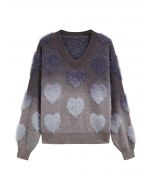 Ombre Fuzzy Heart Fringe Knit Sweater in Smoke