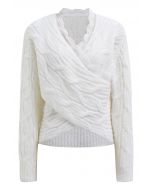 Lace Trim Crisscross Cable-Knit Sweater in White