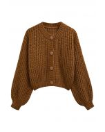 Puff Sleeves Buttoned Crop Chunky Knit Cardigan in Brown