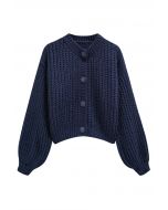 Puff Sleeves Buttoned Crop Chunky Knit Cardigan in Navy