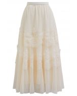 Embroidered Floral Double-Layered Mesh Maxi Skirt in Cream