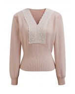 Lace Trim Fitted Knit Top in Dusty Pink