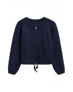 Drawstring Zipper Ribbed Knit Cardigan in Navy