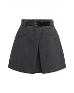 Fake Pockets Belted Flap Skorts in Smoke