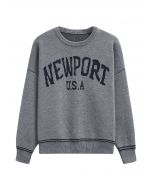 Newport Letter Crew Neck Oversized Knit Sweater in Grey