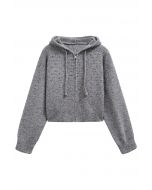 Zipper Drawstring Hooded Confetti Knit Cardigan in Grey