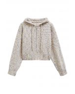 Zipper Drawstring Hooded Confetti Knit Cardigan in Ivory