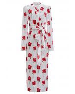 Velvet Floral Printed Tie Sash Midi Dress in White