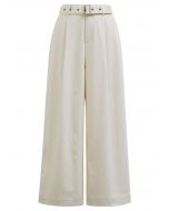 Urban-Casual Pleats Wide-Leg Pants with Belt in Ivory